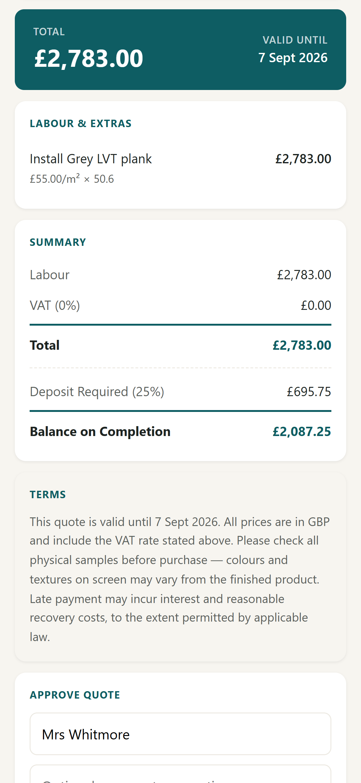 A FinishPilot quote for £2,783 as the client sees it, with an itemised breakdown and deposit